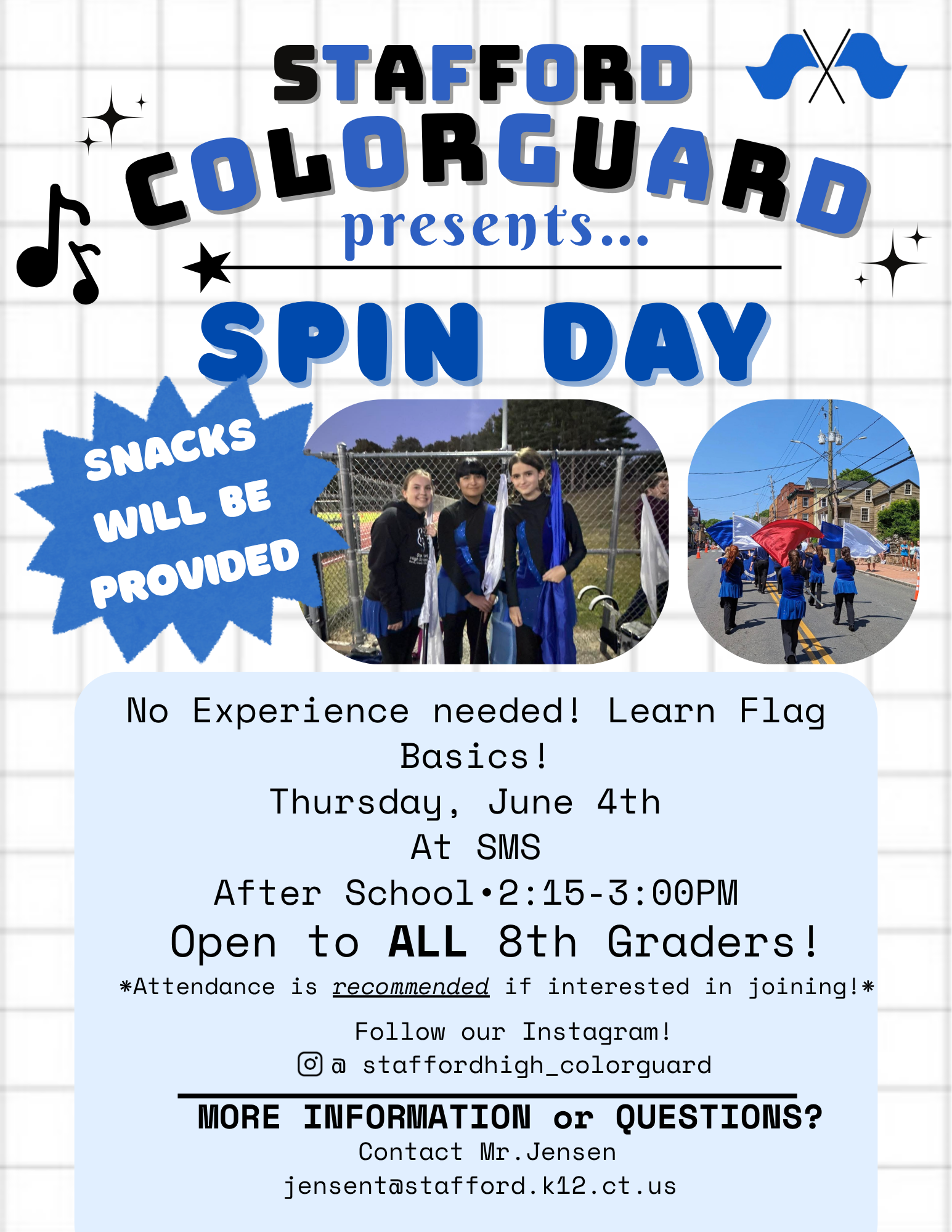 Spin Day ~ Calling All 8th Graders Interested in Learning More About SPS Color Guard ~ Come check it out THIS Thursday!!