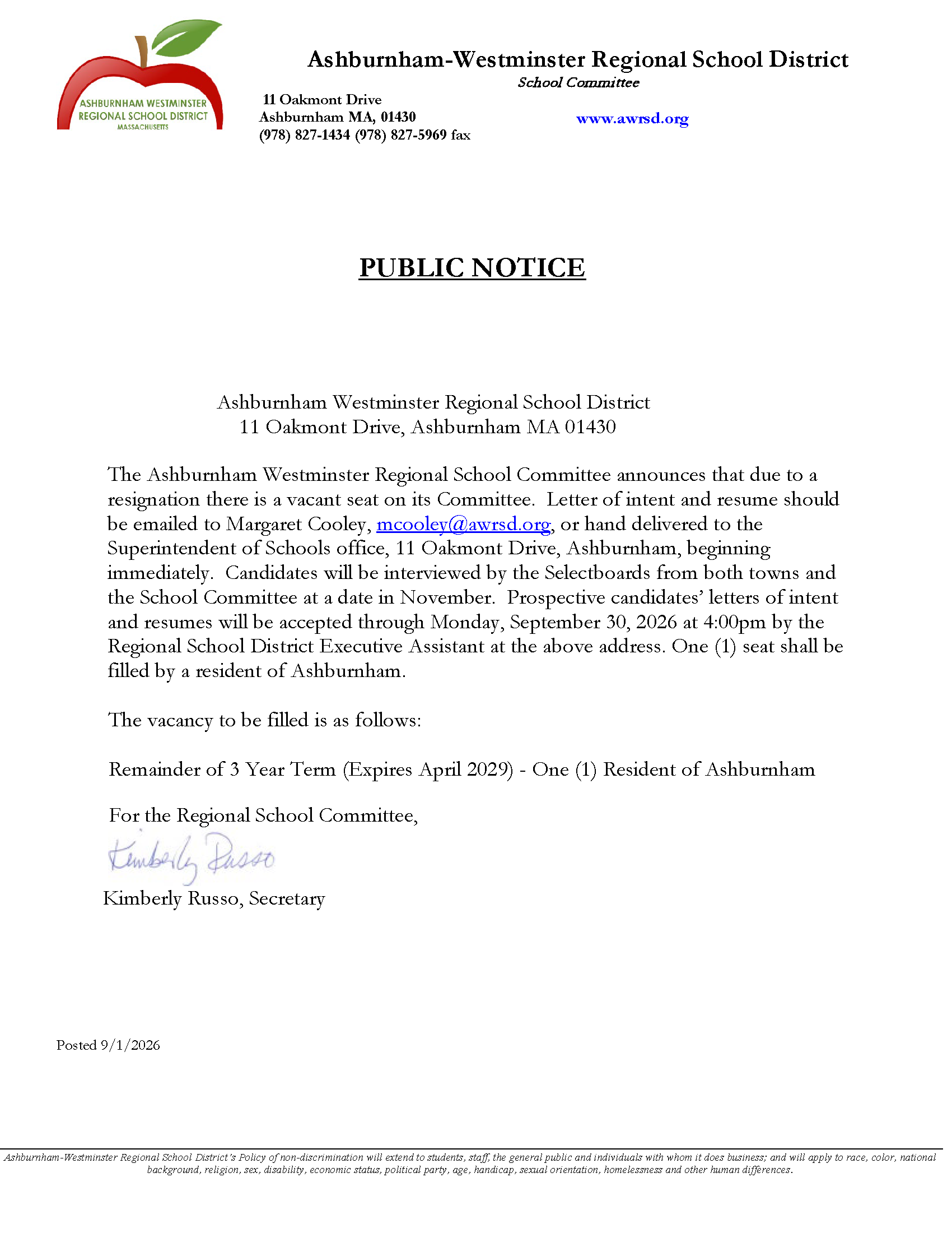 School Committee Seat Vacancy