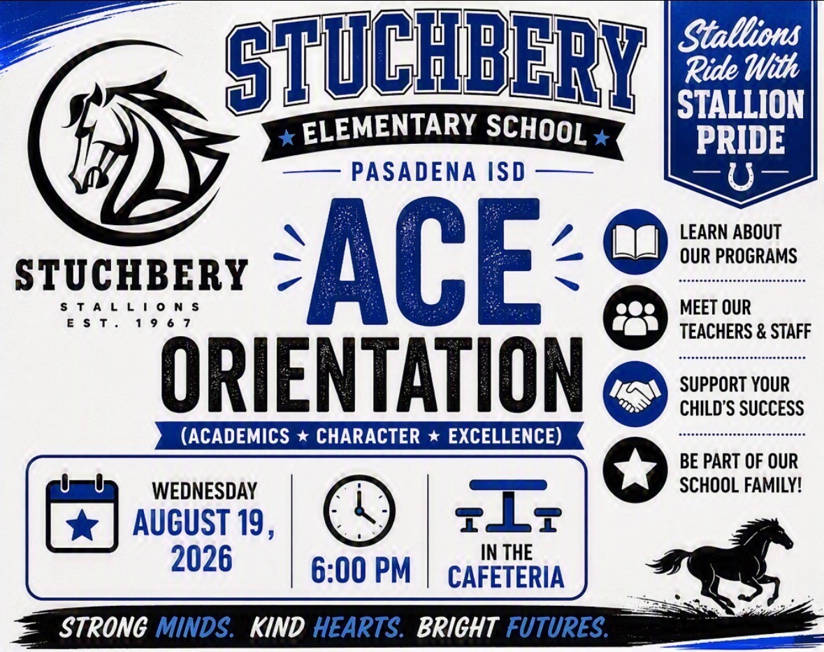 Stuchbery Elementary School ACE Orientation flyer for Wednesday, August 19, 2026, at 6:00 PM in the cafeteria.