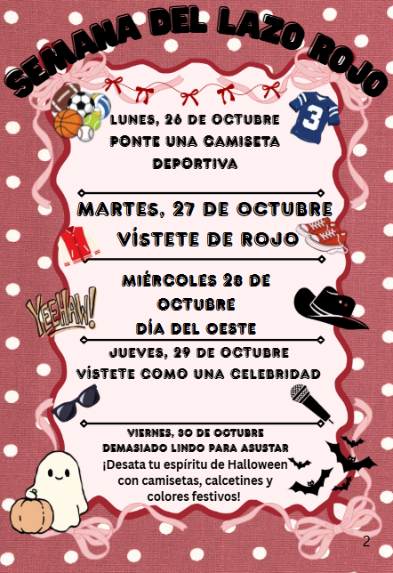 A Red Ribbon Week flyer in Spanish outlines daily theme dress-up days from October 26 to October 30 against a pink polka dot background.