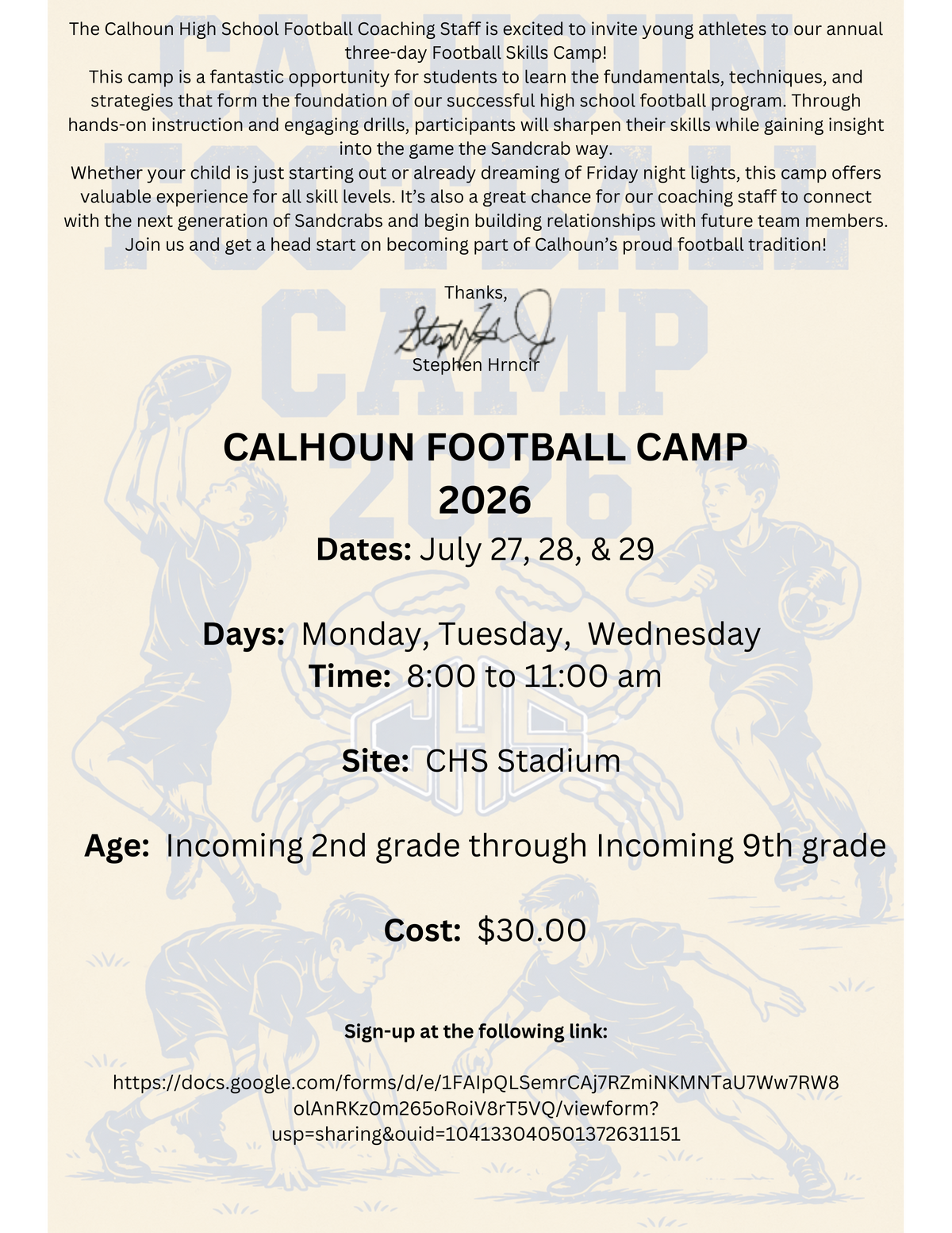 Calhoun Football Camp July 27-29