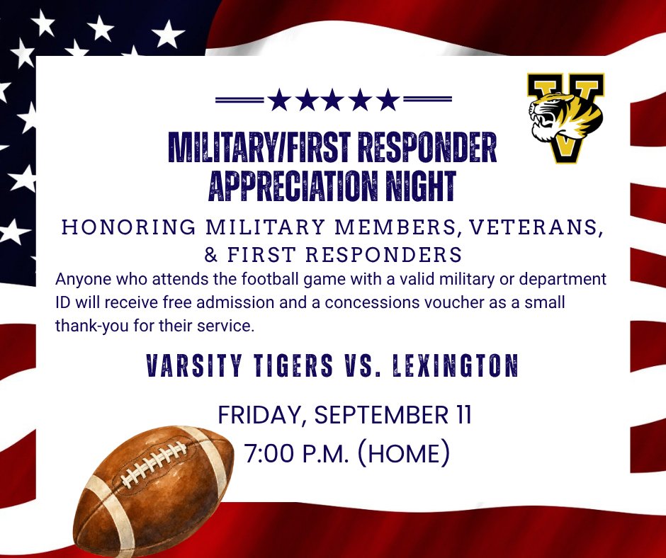 A promotional flyer for Military and First Responder Appreciation Night at a Varsity Tigers football game against Lexington.