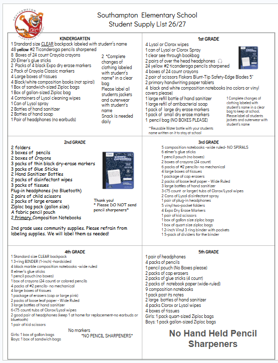 2026/2027 School Supply Lists