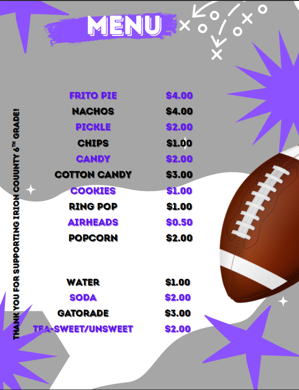 A sports-themed concessions menu with a gray and white background featuring purple accents, a football, and prices for snacks like Frito Pie, nachos, and drinks.