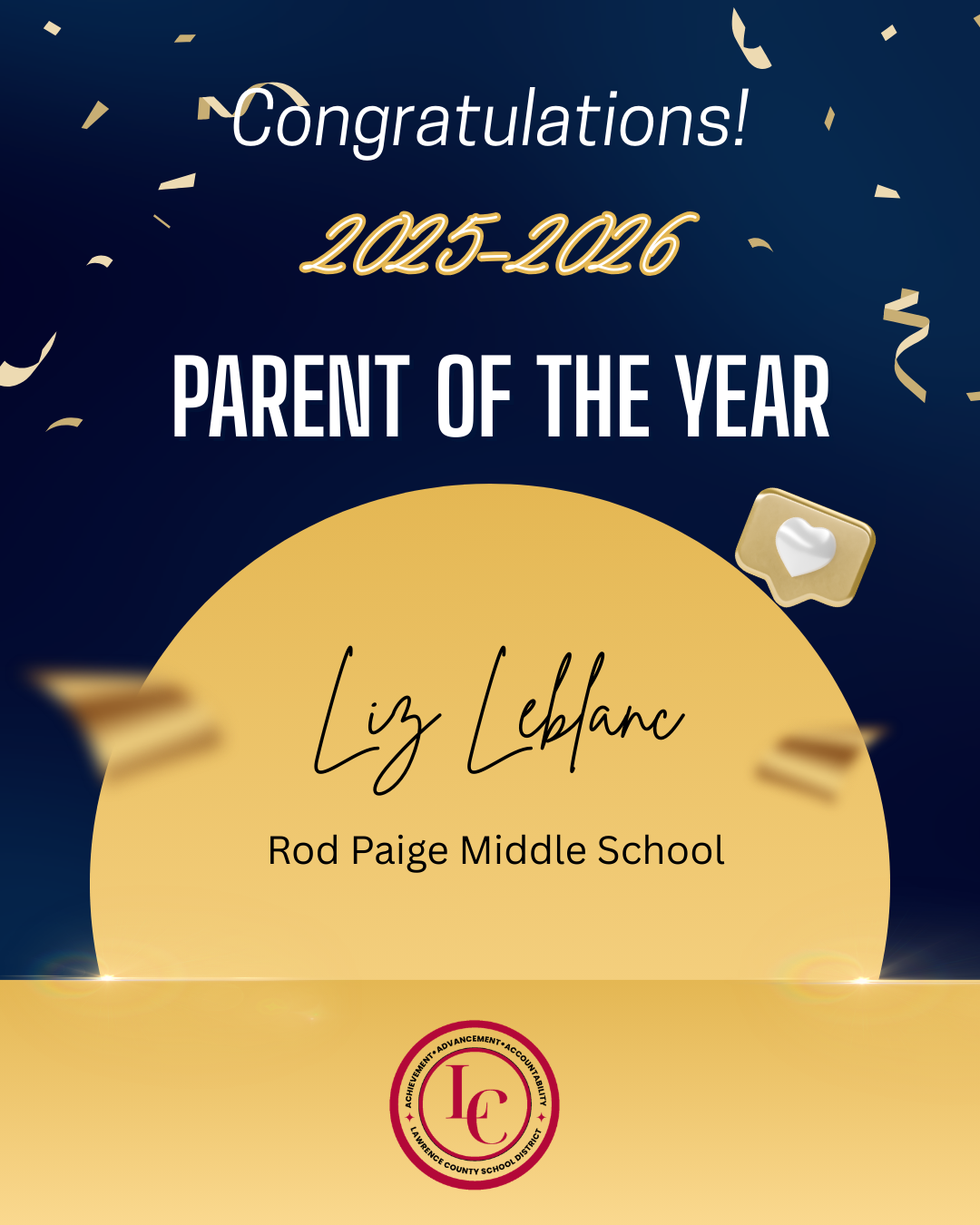 Congratulations to Liz Leblanc, Parent of the Year 2025-2026 at Rod Paige Middle School.