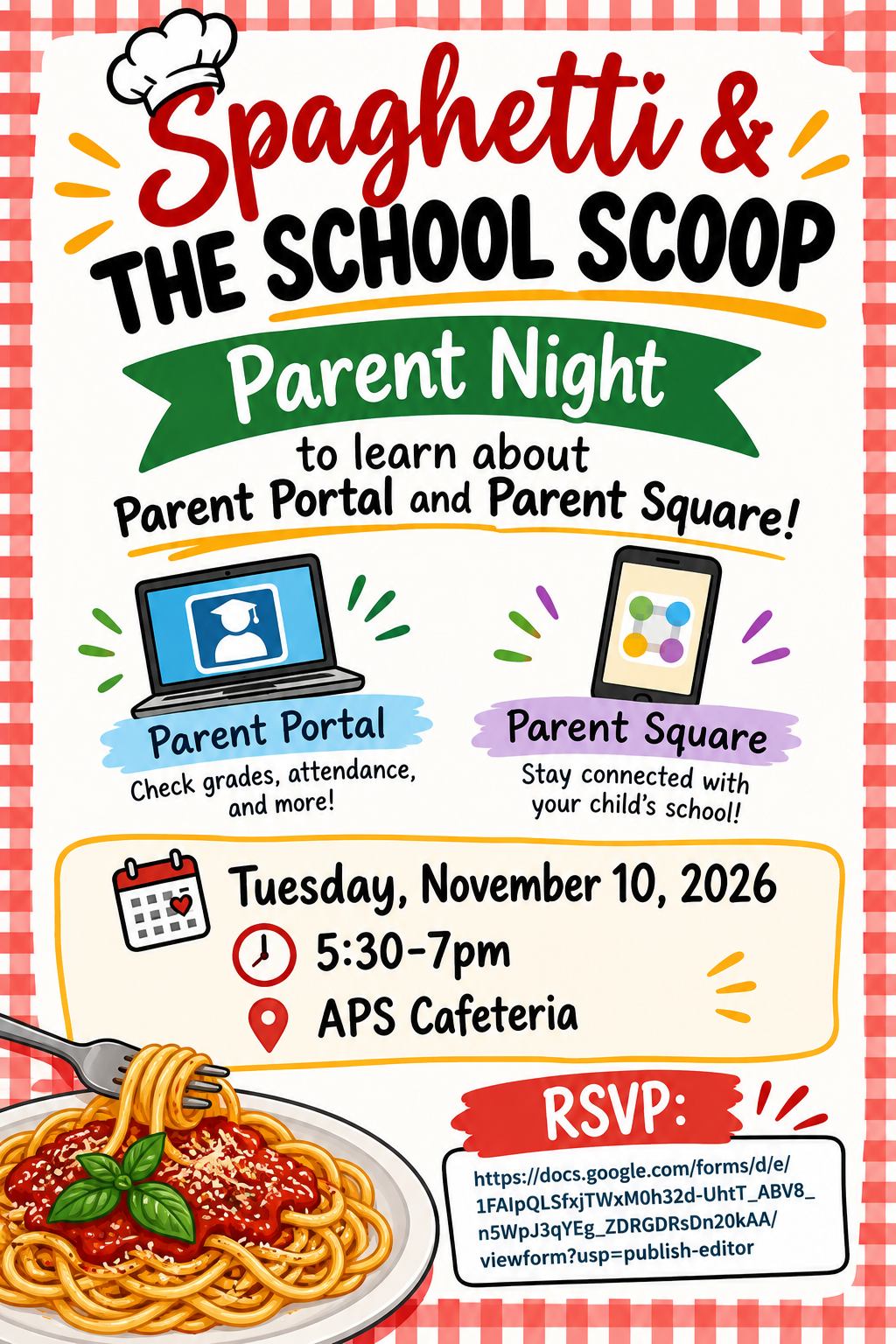 Join Us November 10: Spaghetti & The School Scoop Parent Night 
