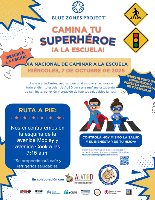 A promotional flyer for Blue Zones Project promotes National Walk to School Day on October 7, 2026, featuring animated superheroes walking across a crosswalk.