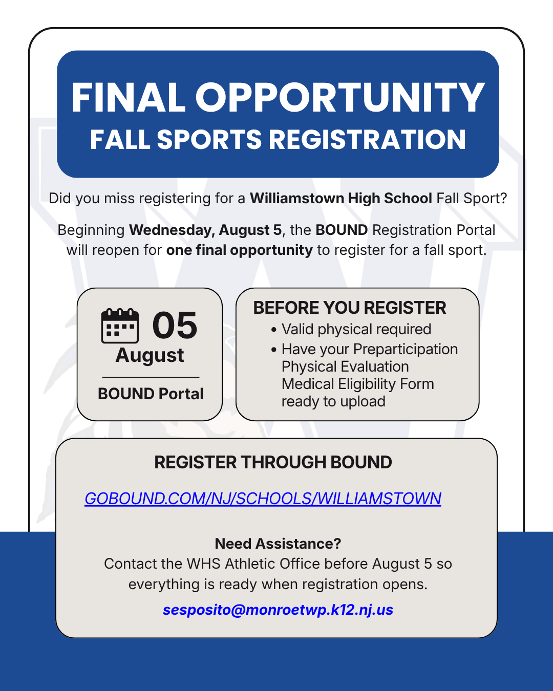Final Opportunity to Register for Williamstown High School Fall Sports