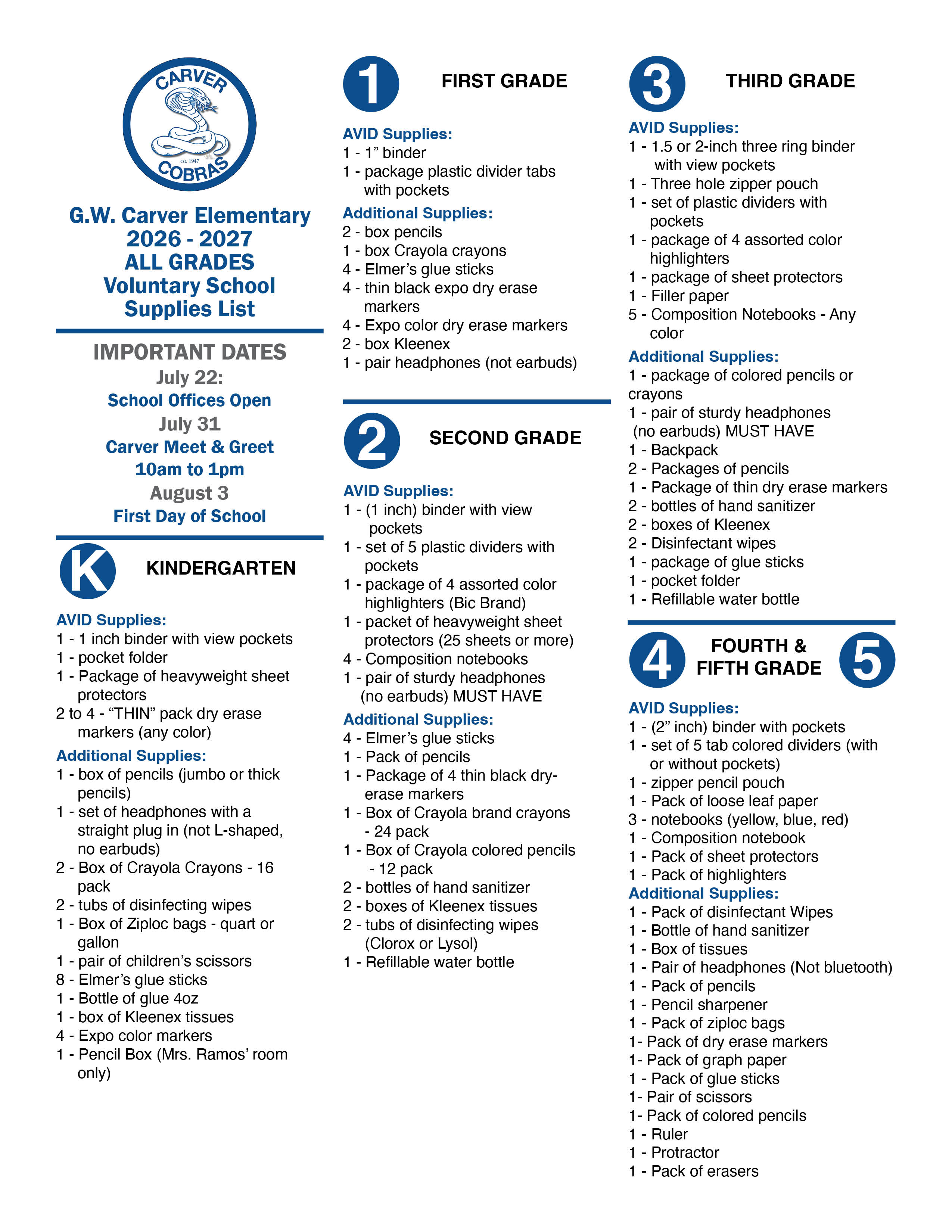 26 - 27 School Supplies List - ALL GRADES