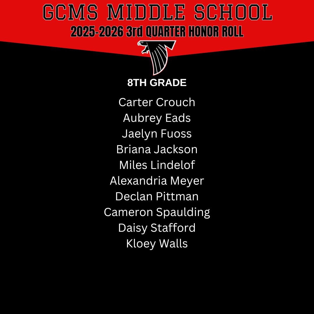 GCMS Middle School 2025-2026 3rd Quarter Honor Roll for 8th Grade.