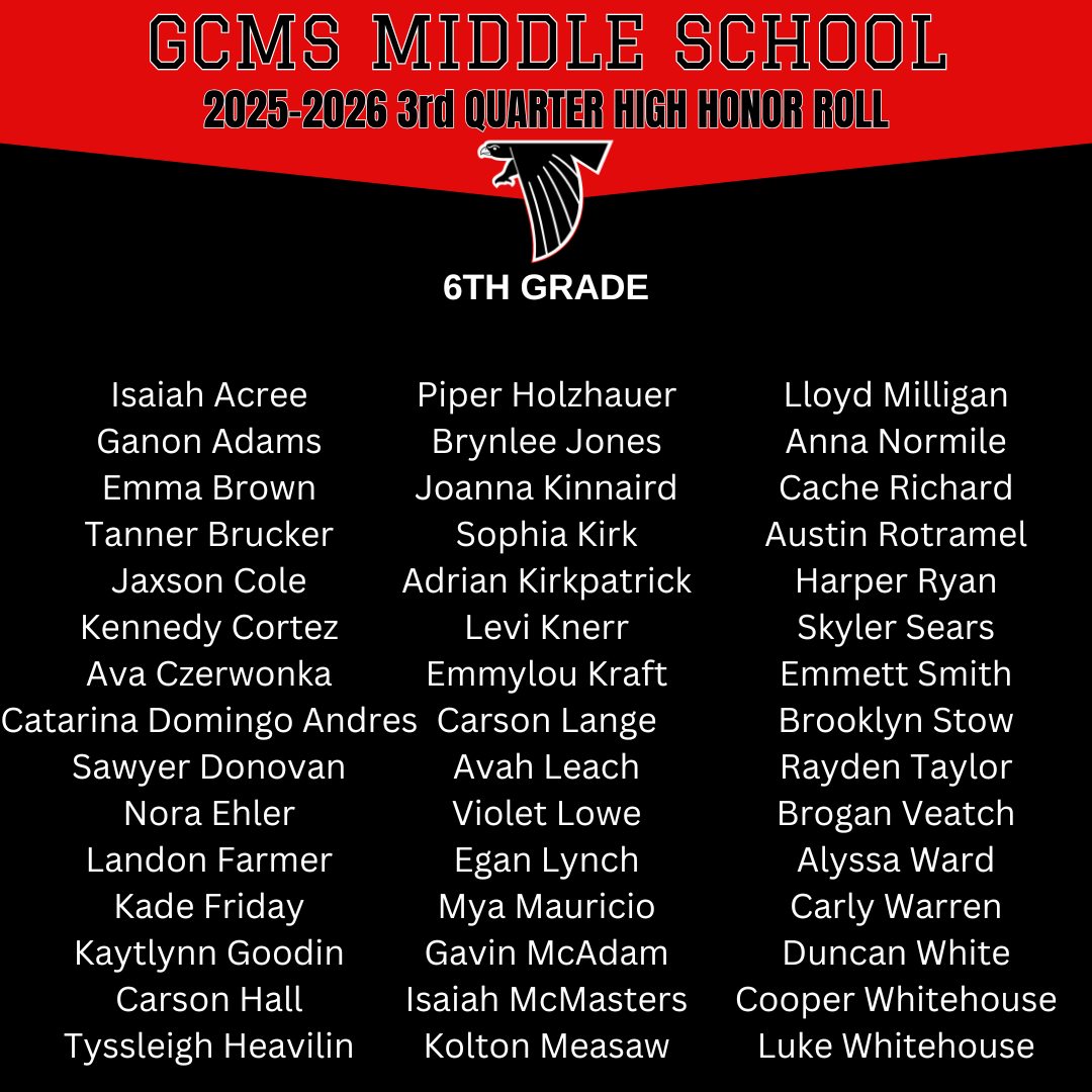 GCMS Middle School 2025-2026 3rd Quarter High Honor Roll for 6th Grade students.