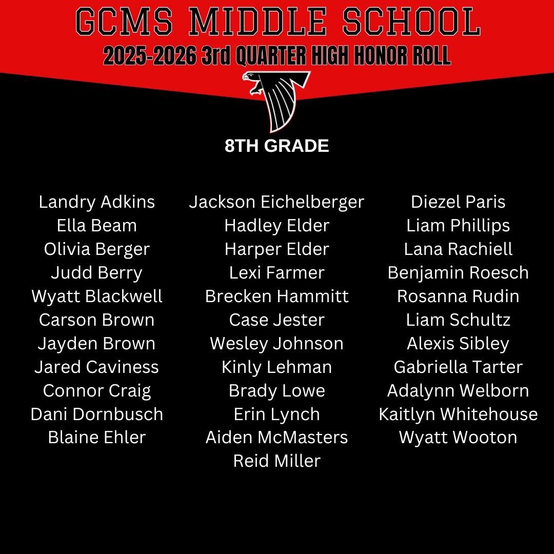 GCMS Middle School 8th Grade High Honor Roll for the 3rd Quarter of 2025-2026.