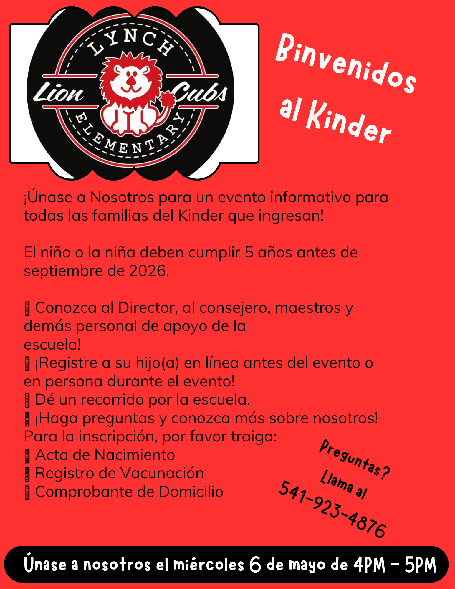 An informational event for incoming kindergarten families at Lynch Elementary, featuring the Lion Cubs logo.