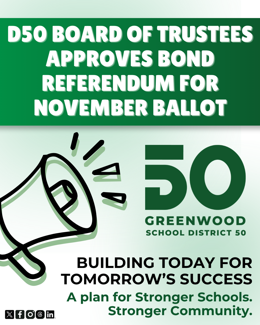Greenwood School District 50 Board Approves Bond Referendum Resolution for November Ballot 
