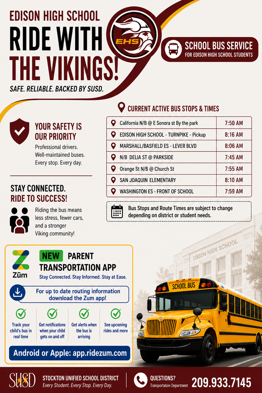 Edison High School promotes its school bus service, 'Ride with the Vikings,' highlighting safety and reliability.