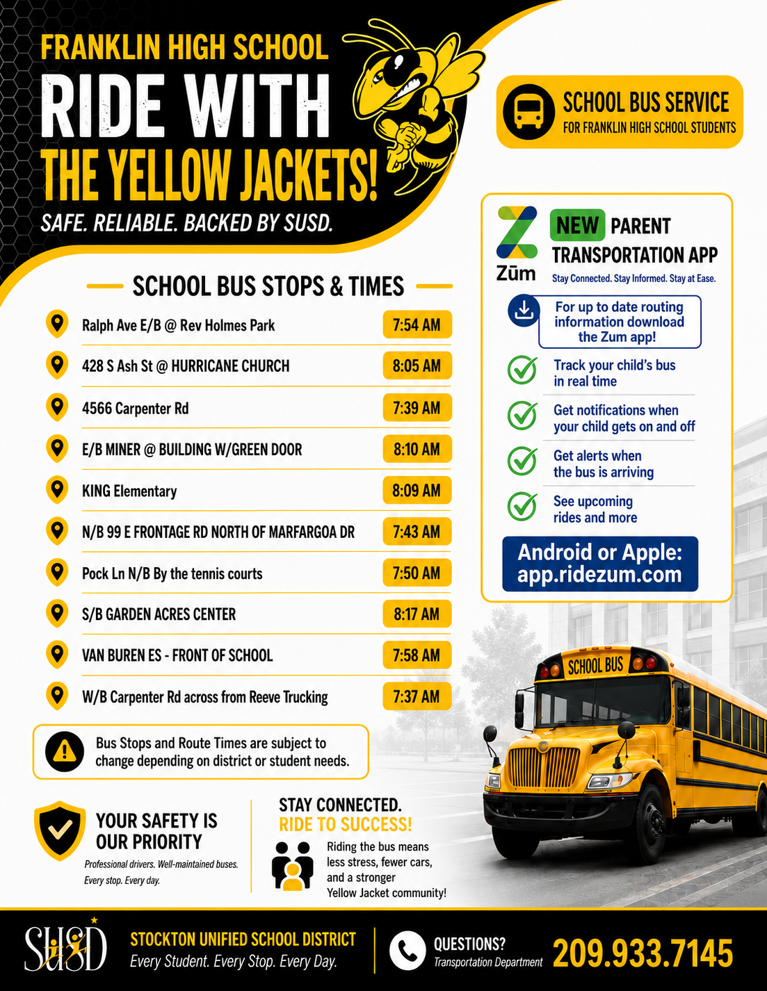 Franklin High School 'Yellow Jackets' bus service information, including stops, times, and the Zum app for tracking.