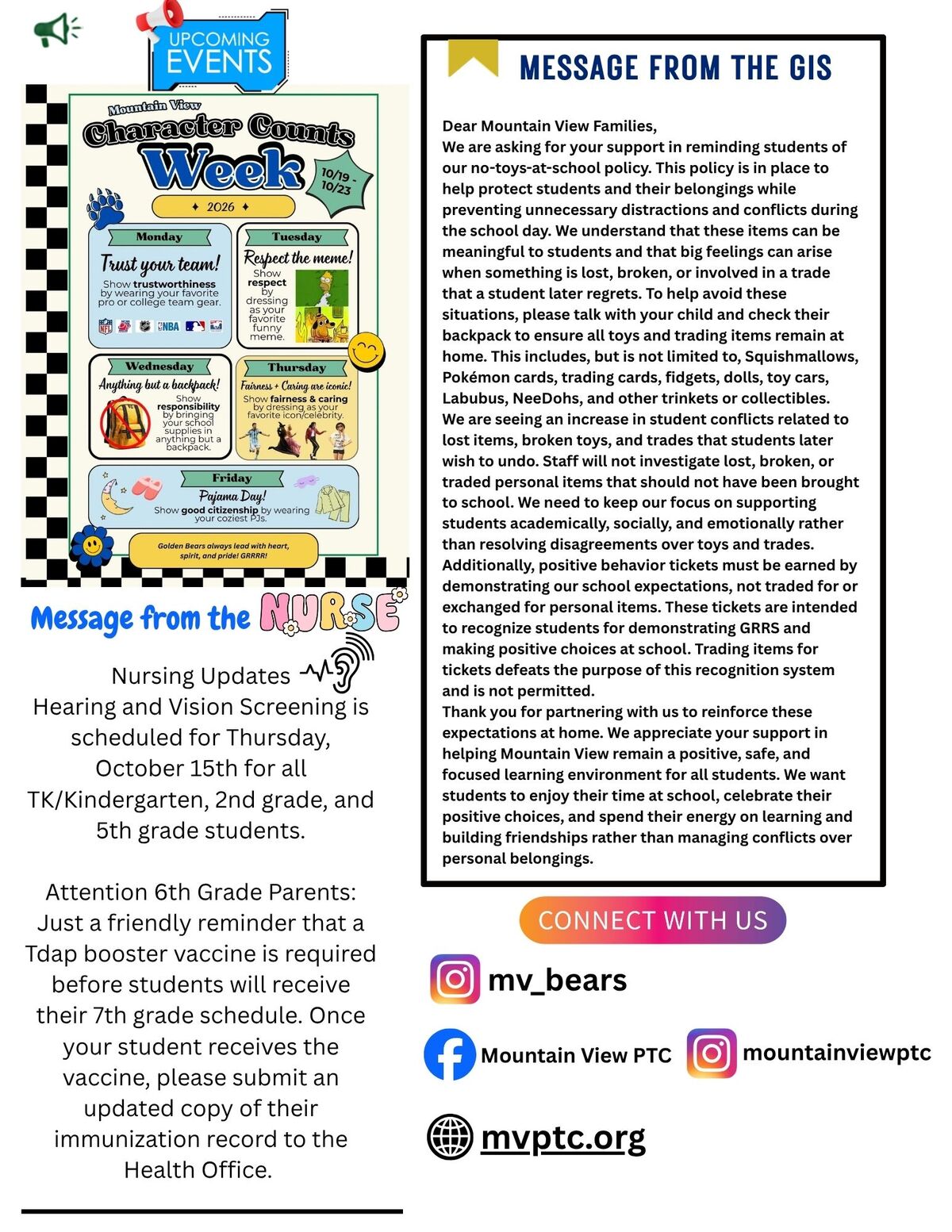 A school newsletter with information about Character Counts Week, nurse updates, and a message regarding the no-toys policy.