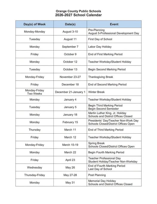 OCPS School Calendar is Now Available 