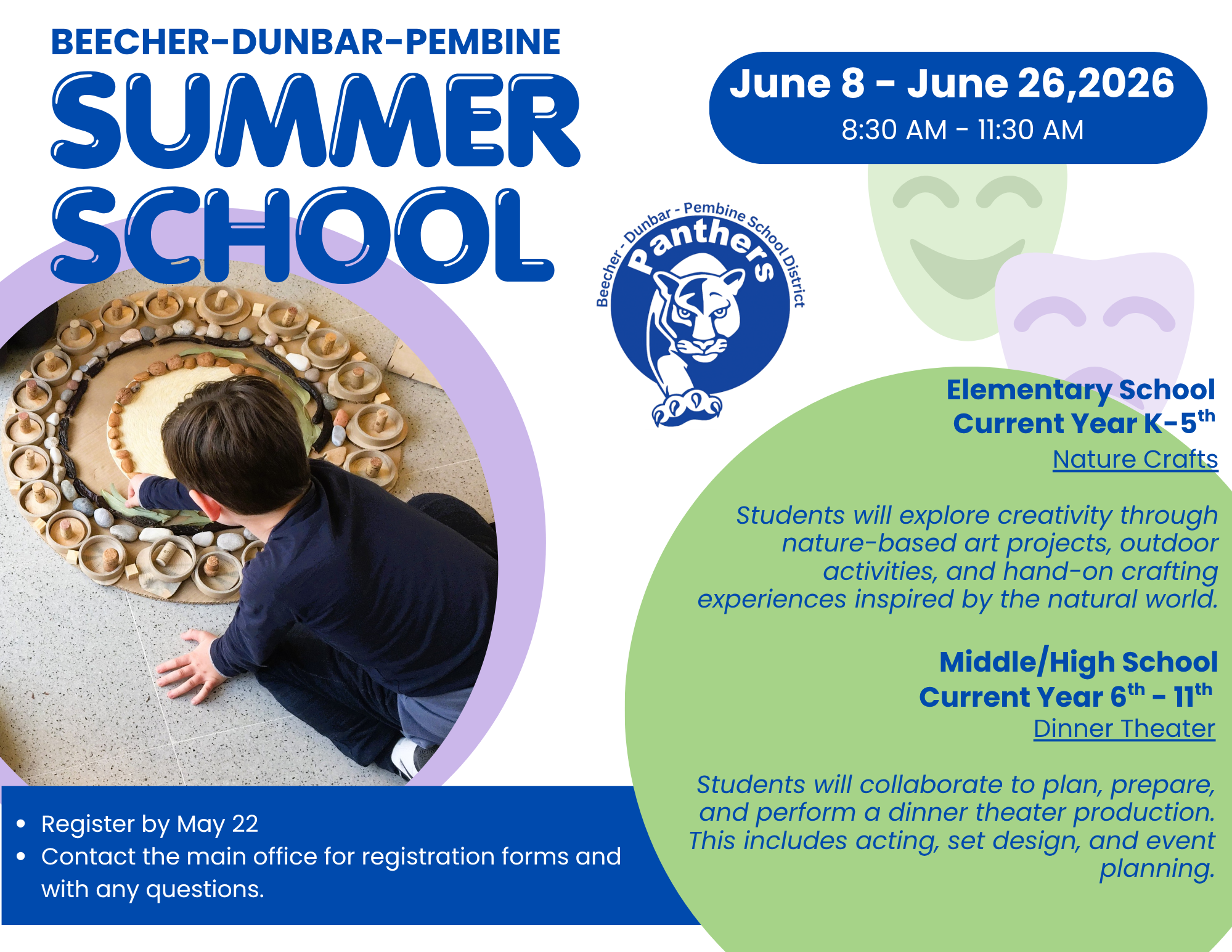 Poster for Beecher-Dunbar-Pembine Summer School, June 8-26, 2026, featuring a child interacting with a nature-based art project.