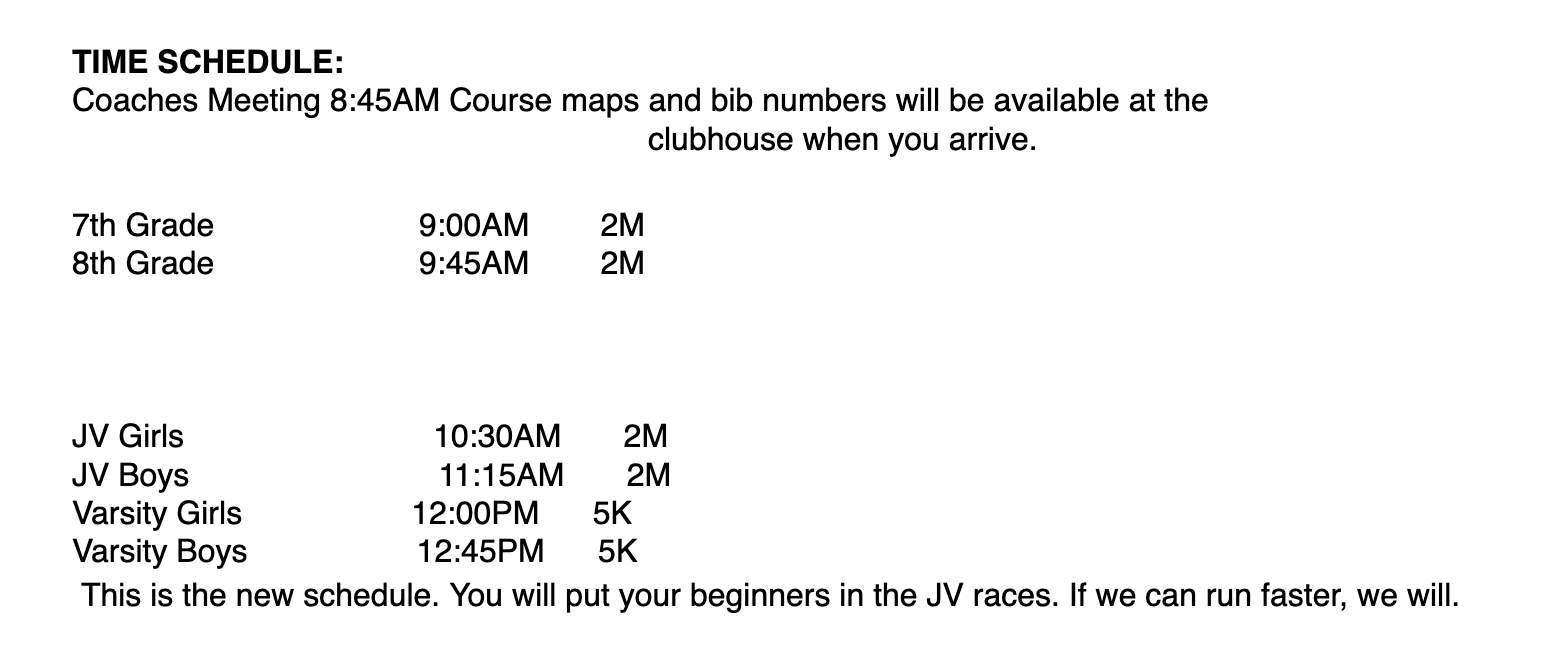 Updated cross country meet start time 9/3