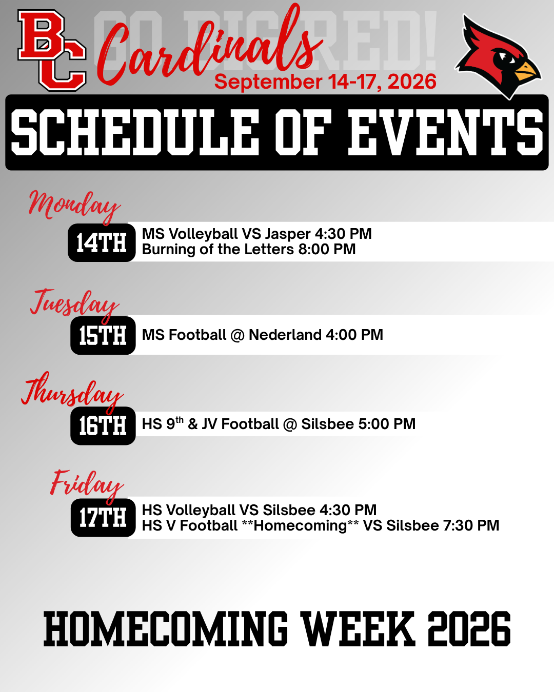Cardinal Events week of September 14-17