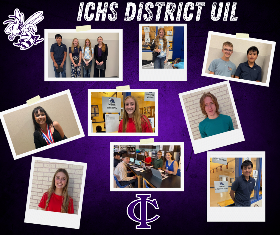Collage of students participating in ICHS District UIL events, featuring individual portraits and group photos.