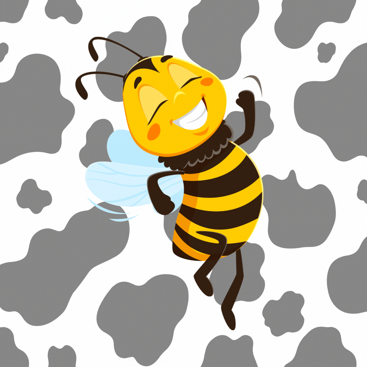 a bee running with cow pattern background