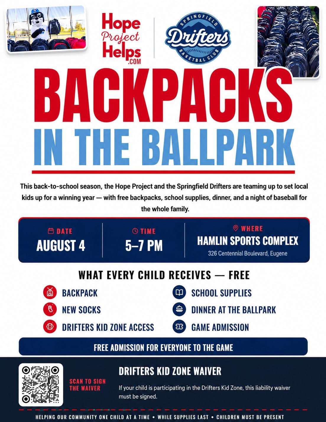 Backpacks in the Ballpark! Aug. 4th 5-7pm