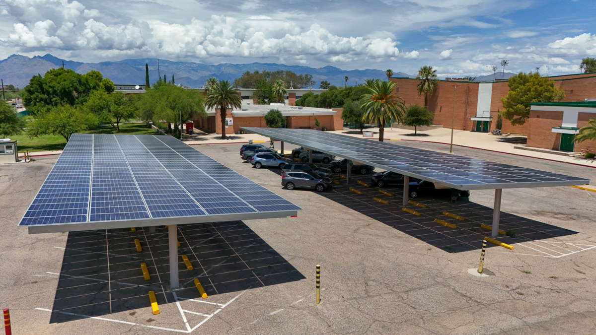 Solar panels in a parking lot