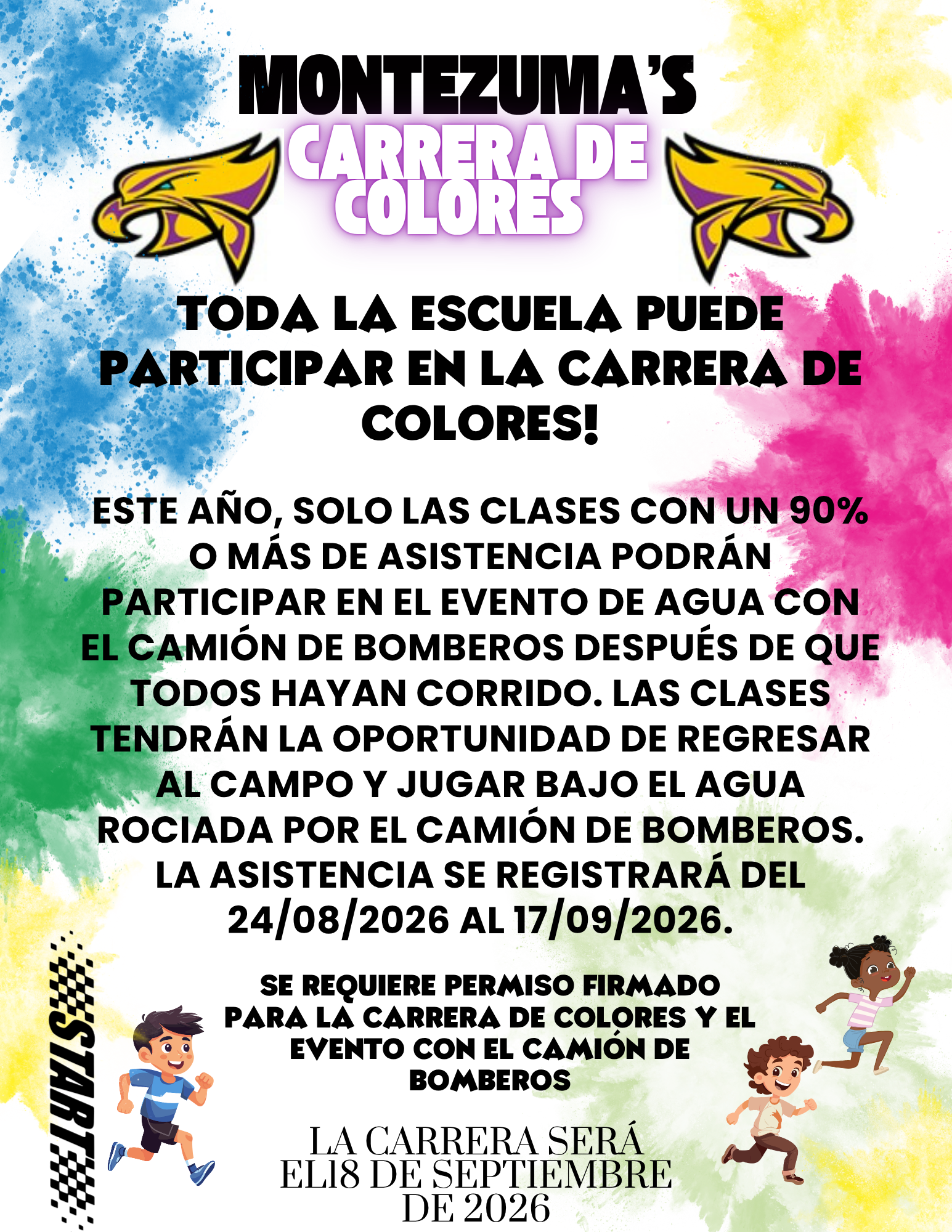 Poster for Montezuma's Color Run, featuring a school mascot and colorful powder explosions.