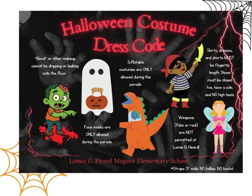 A Halloween costume dress code flyer for Lomie G. Heard Magnet Elementary School with illustrations of a zombie, ghost, dinosaur, pirate, and fairy.