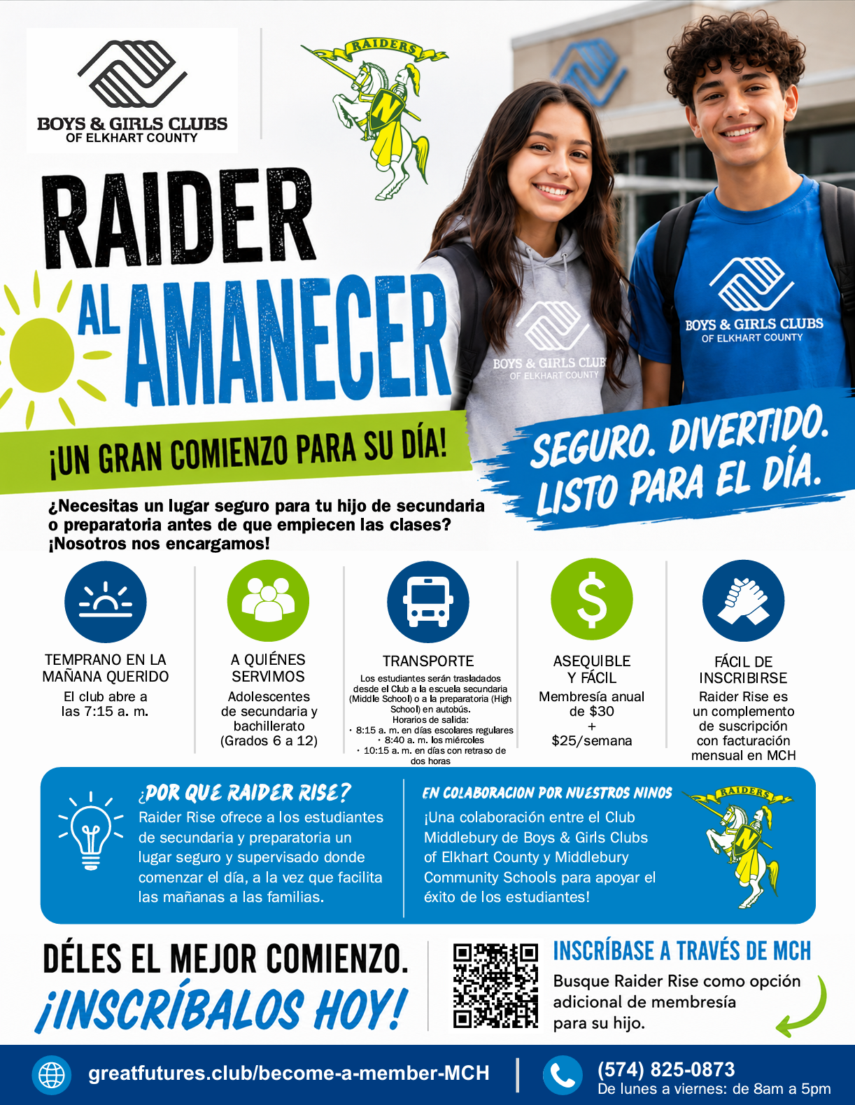 Poster for Boys & Girls Clubs of Elkhart County's 'Raider Al Amanecer' program featuring smiling teens.