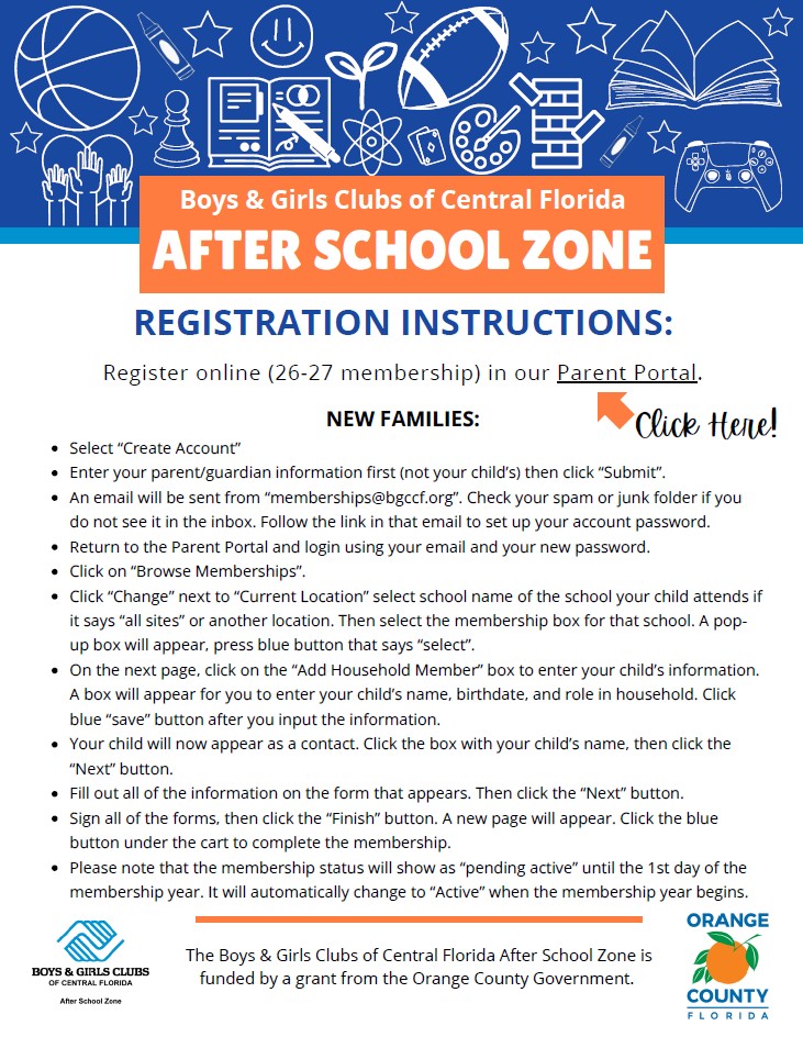 Boys & Girls Clubs of Central Florida After School Zone registration instructions for new families.