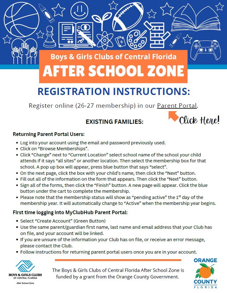 Boys & Girls Clubs of Central Florida After School Zone registration instructions for the 26-27 membership year.