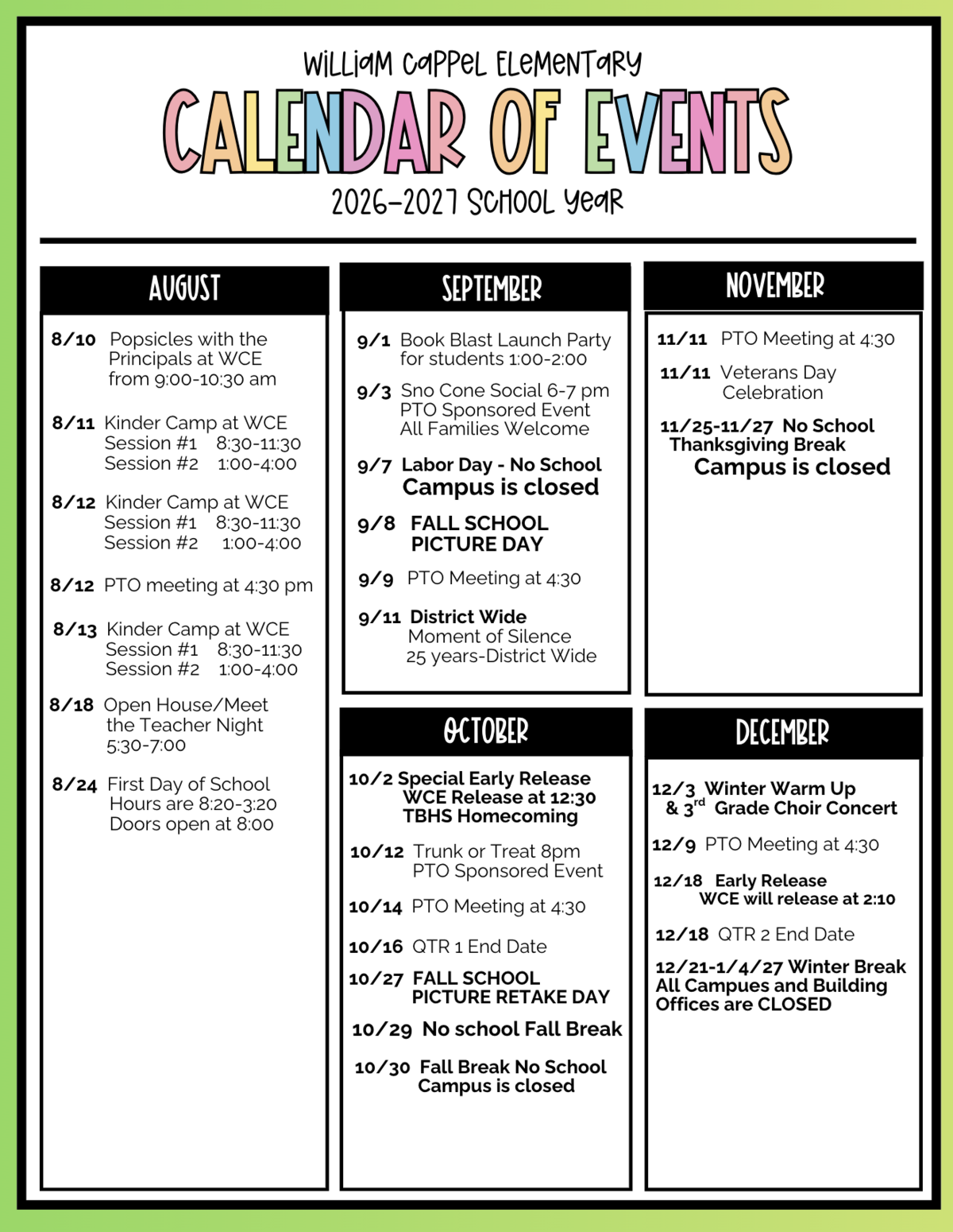 William Cappel Elementary School's 2026-2027 Calendar of Events, featuring August through December.