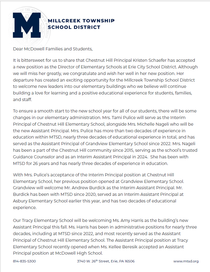 Letter to Families & Staff Regarding Elementary Administrative Changes