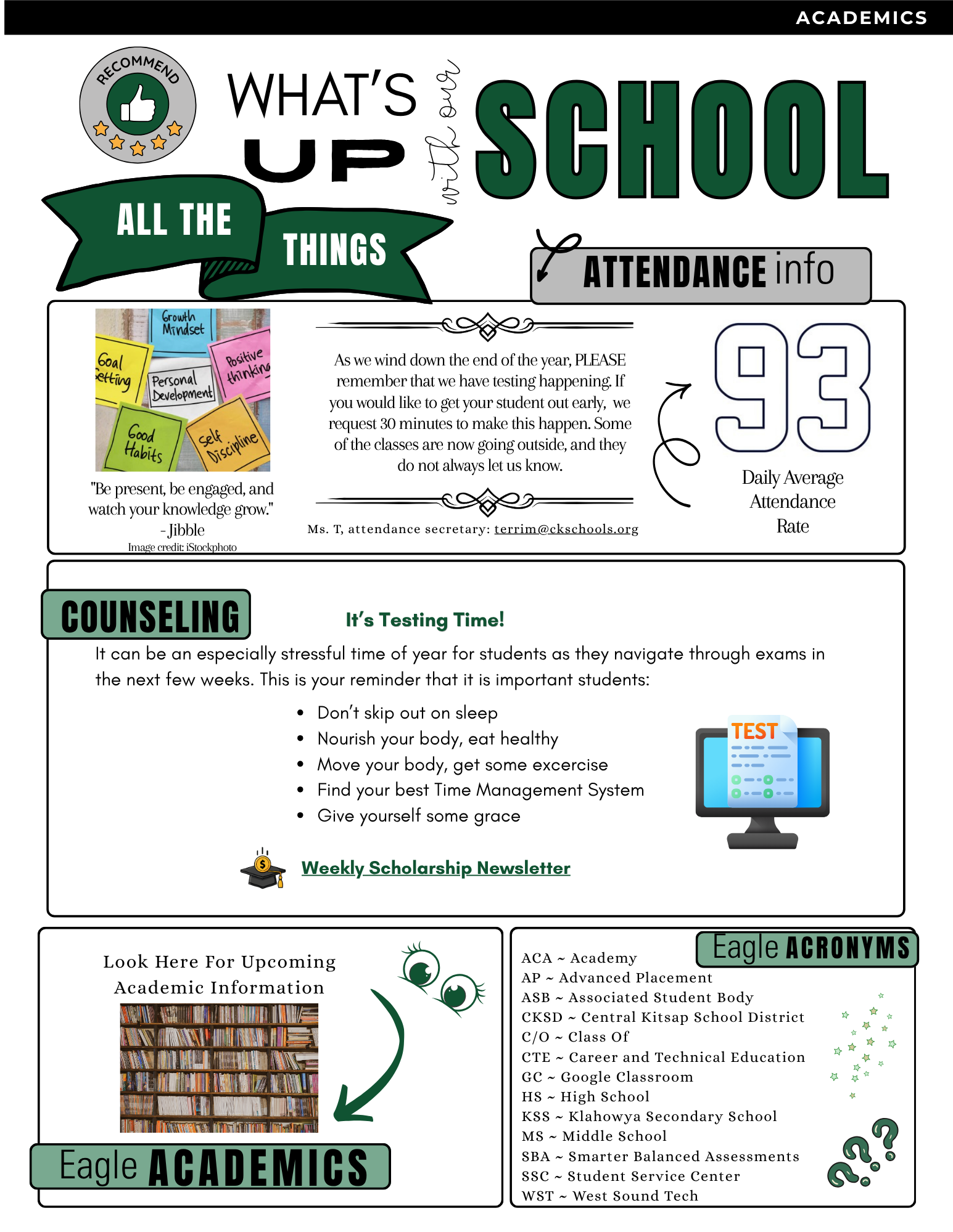 A school newsletter titled 'What's Up With Our School' features sections on attendance, counseling, and academic information.
