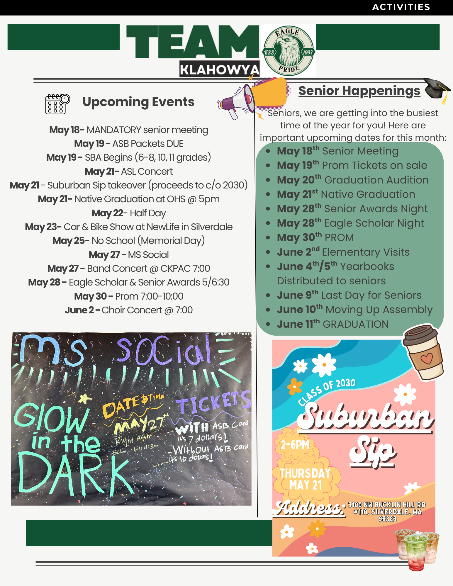 A school flyer lists upcoming events and senior happenings, including a mandatory senior meeting, prom, and graduation.