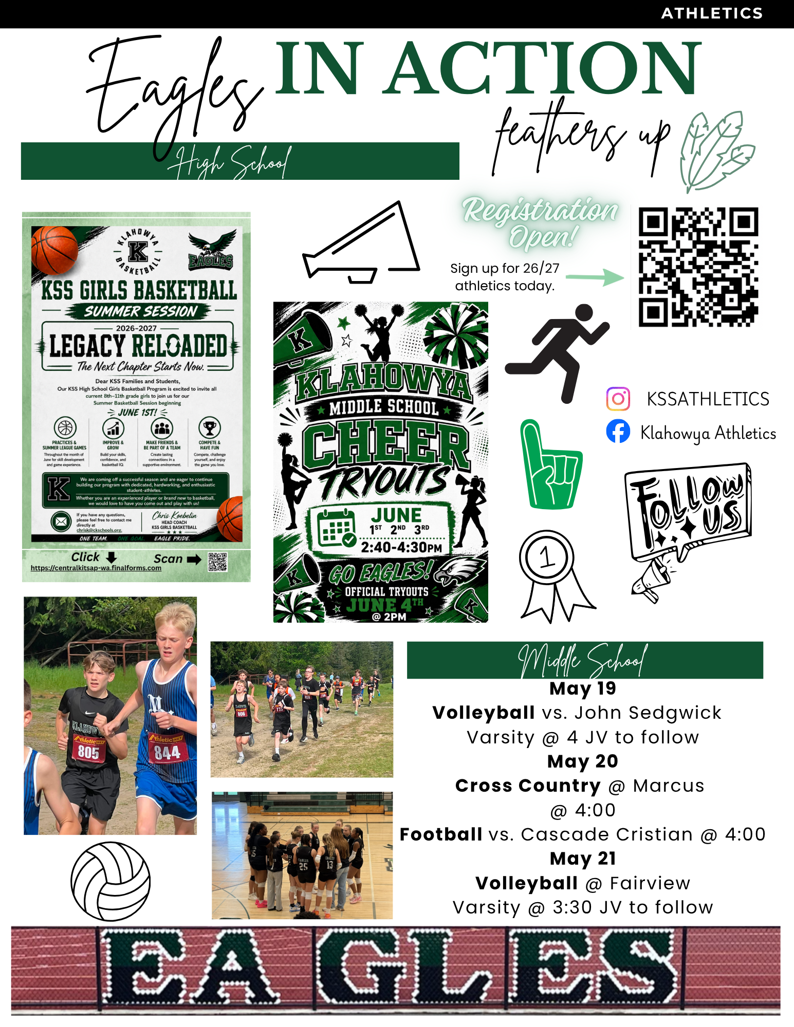 A collage of Klahowya Eagles athletics, featuring basketball, cheerleading, cross country, and volleyball.