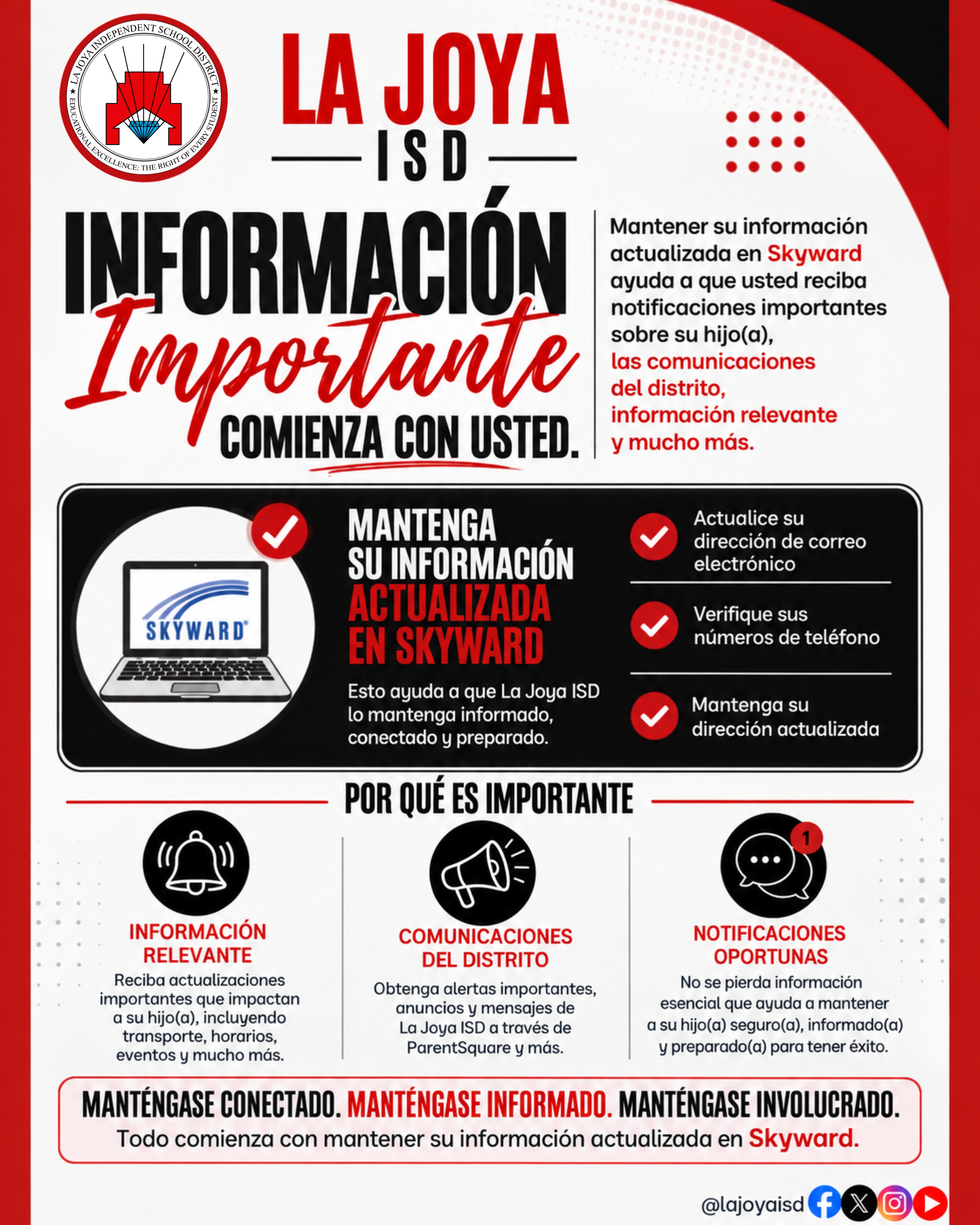 An informational flyer from La Jolla ISD in Spanish emphasizing the importance of keeping contact information updated in Skyward.