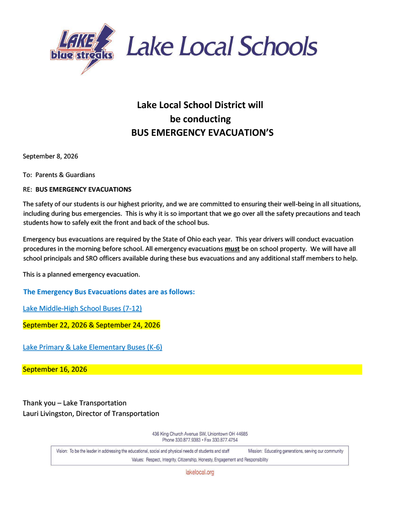 Lake Transportation: Bus Emergency Evacuation Drill Notice