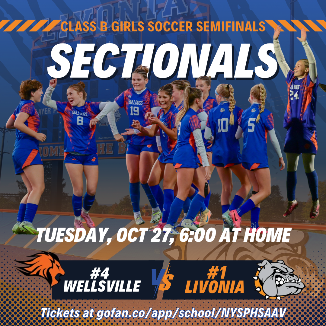 A graphic promotes the Class B Girls Soccer Sectionals, featuring a Livonia soccer team celebrating and game details.