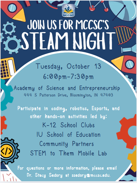 A promotional flyer for MCCSC's STEAM Night, featuring event details, date, time, location, and various science-themed graphics like rockets, gears, and DNA strands.