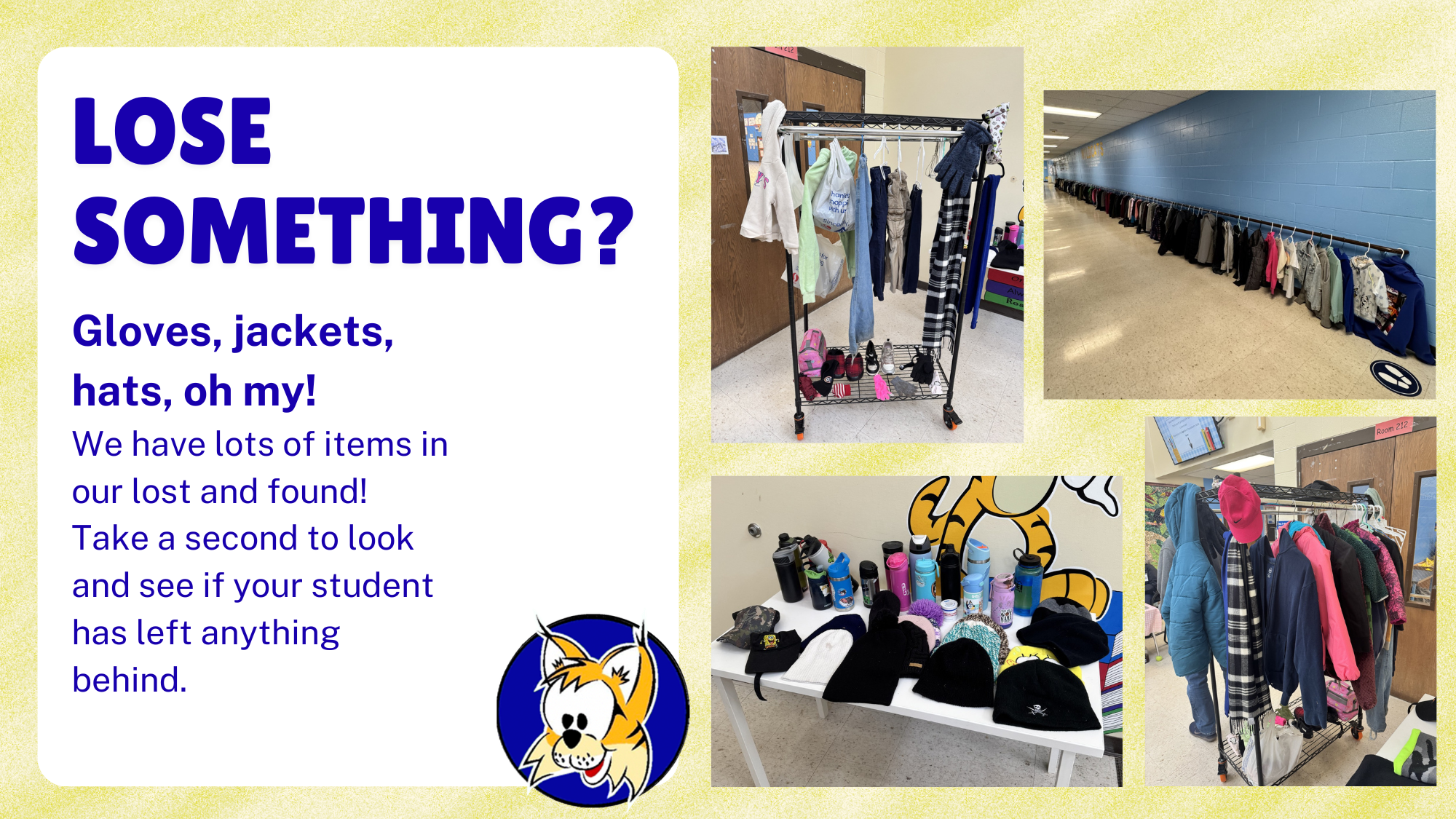 A collage of images showing a school's lost and found items, including jackets, hats, and shoes.