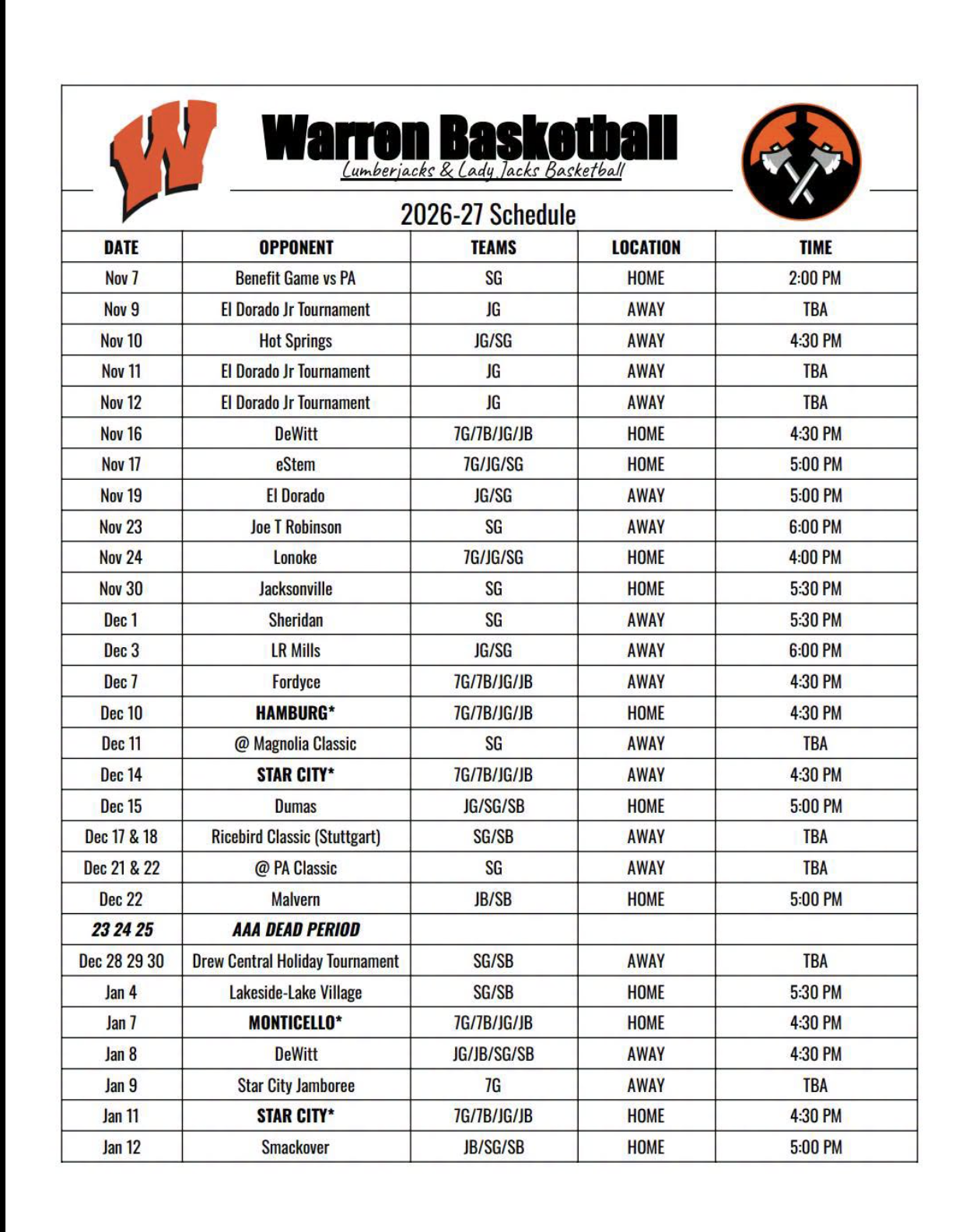WHS: Updated Basketball schedule