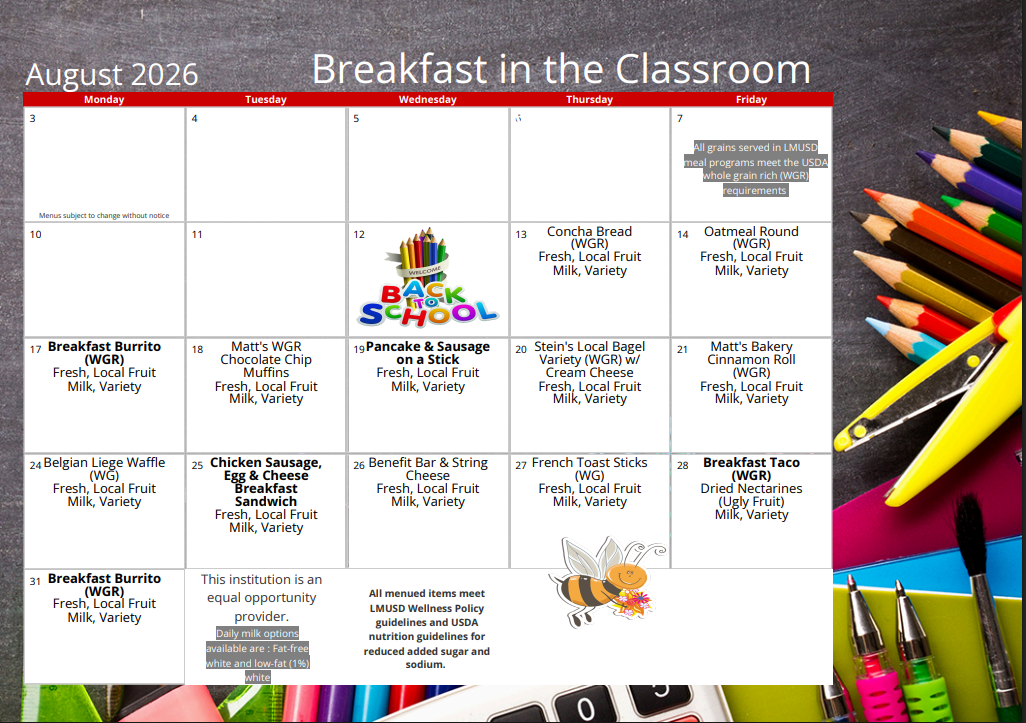 August Menu: Breakfast in the Classroom, Lunch & Supper