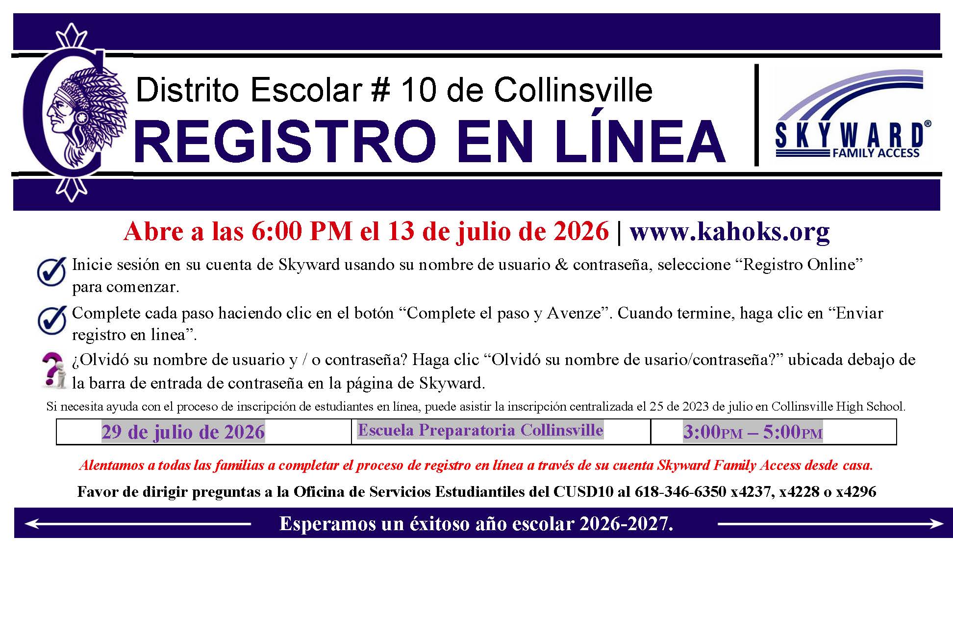 Collinsville School District #10 announces online registration opening July 13, 2026, at 6:00 PM on www.kahoks.org.