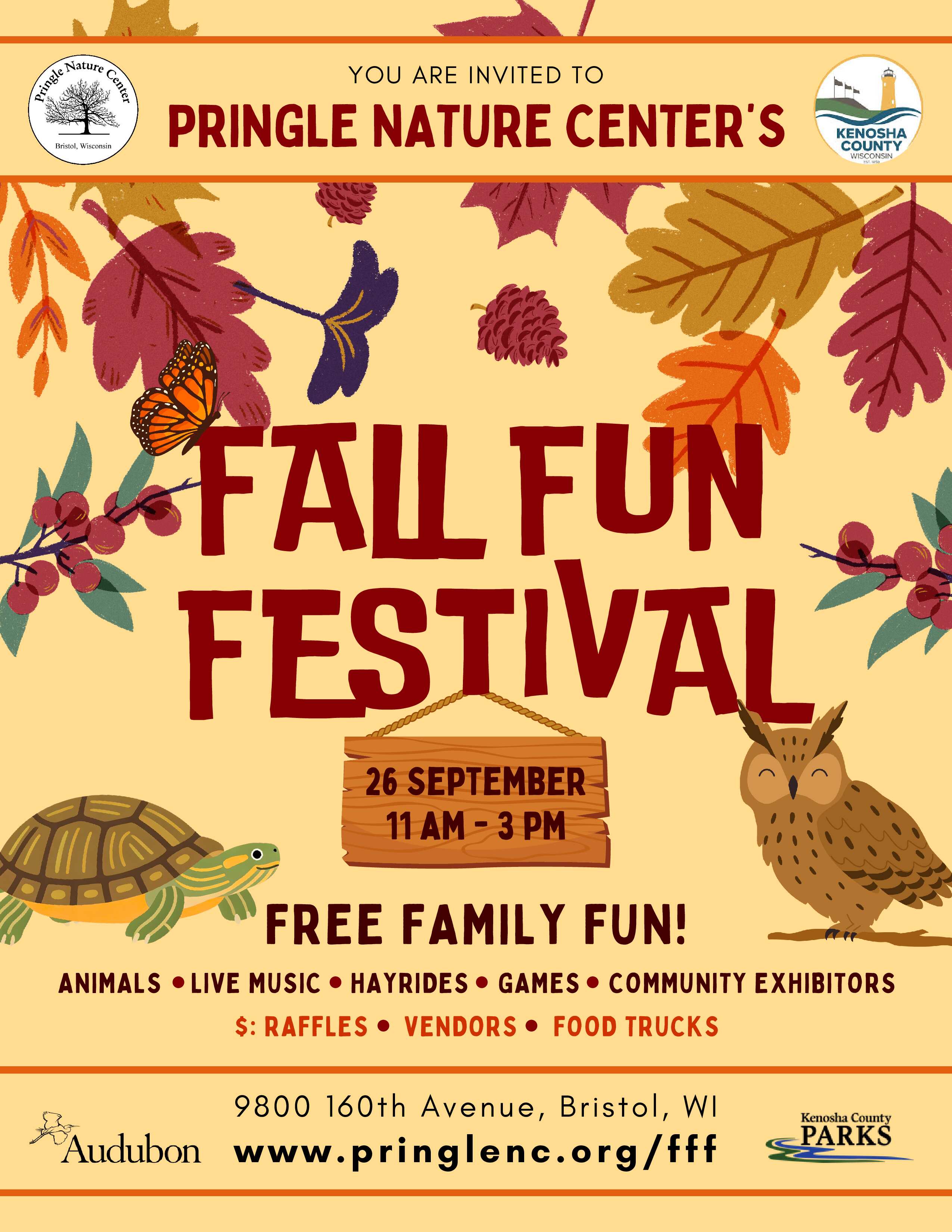 Poster for Pringle Nature Center's Fall Fun Festival on September 26th, featuring autumn leaves, a butterfly, an owl, and a turtle.