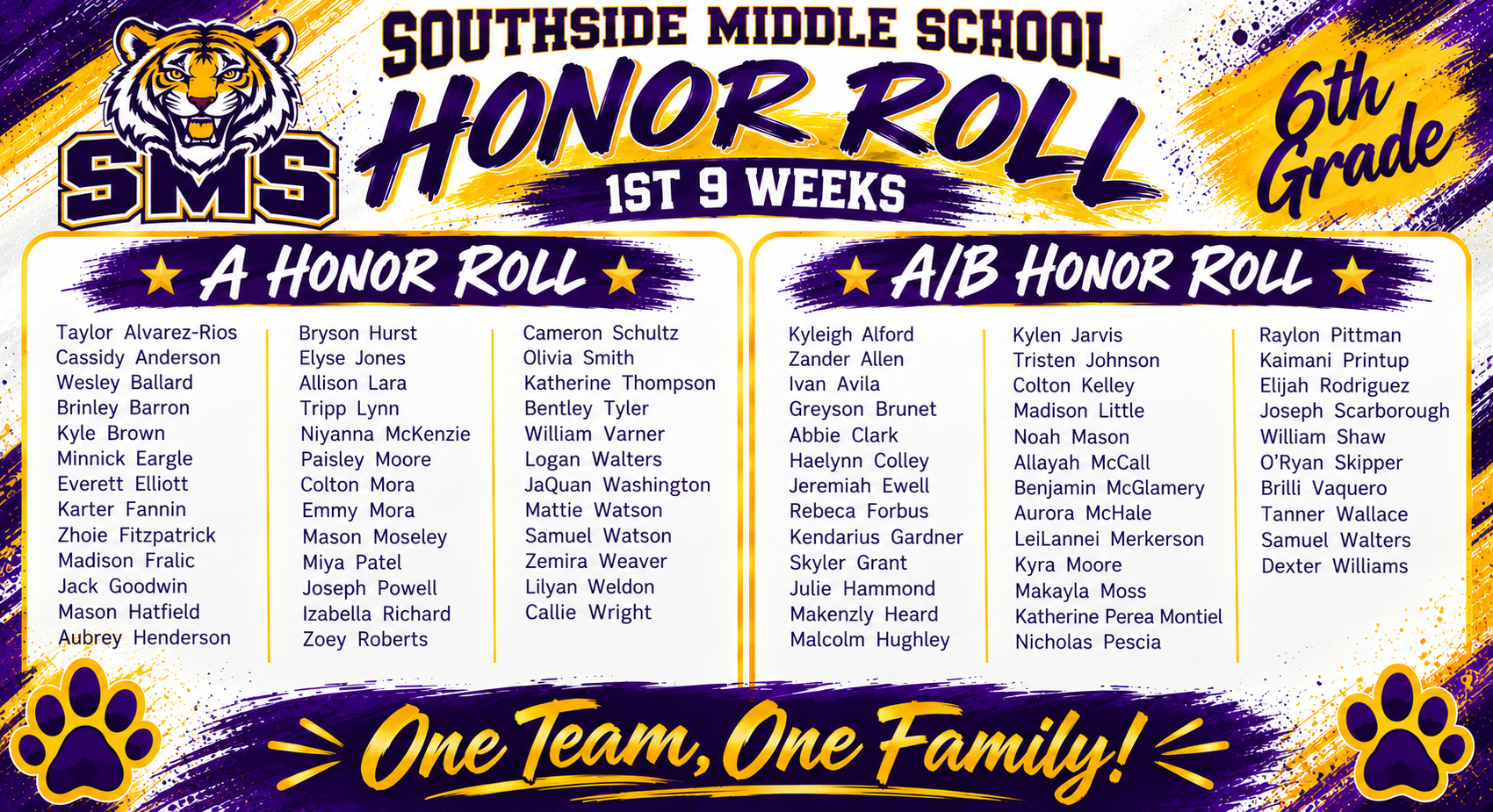 A Southside Middle School honor roll poster for 6th grade, 1st 9 weeks, listing students in 'A' and 'A/B' categories.