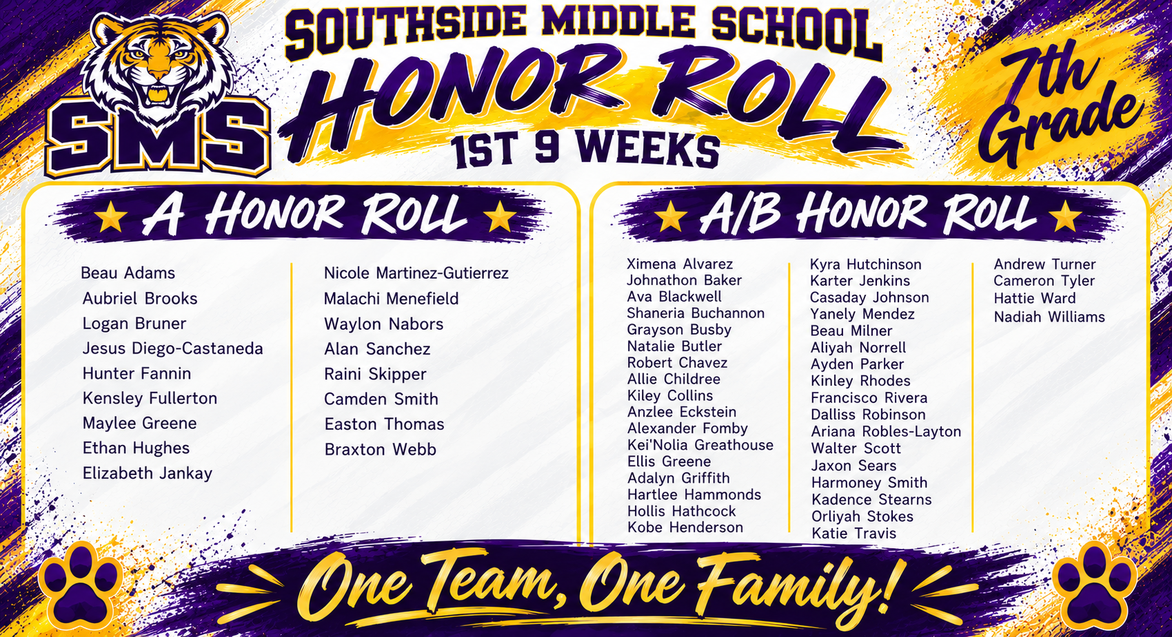 A purple and gold poster displays the Southside Middle School 7th Grade Honor Roll for the 1st nine weeks.